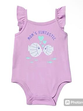 Okie Dokie Baby Girl Pink “Mom’s Fintastic” Fish Graphic Bodysuit Ruffle Sleeve